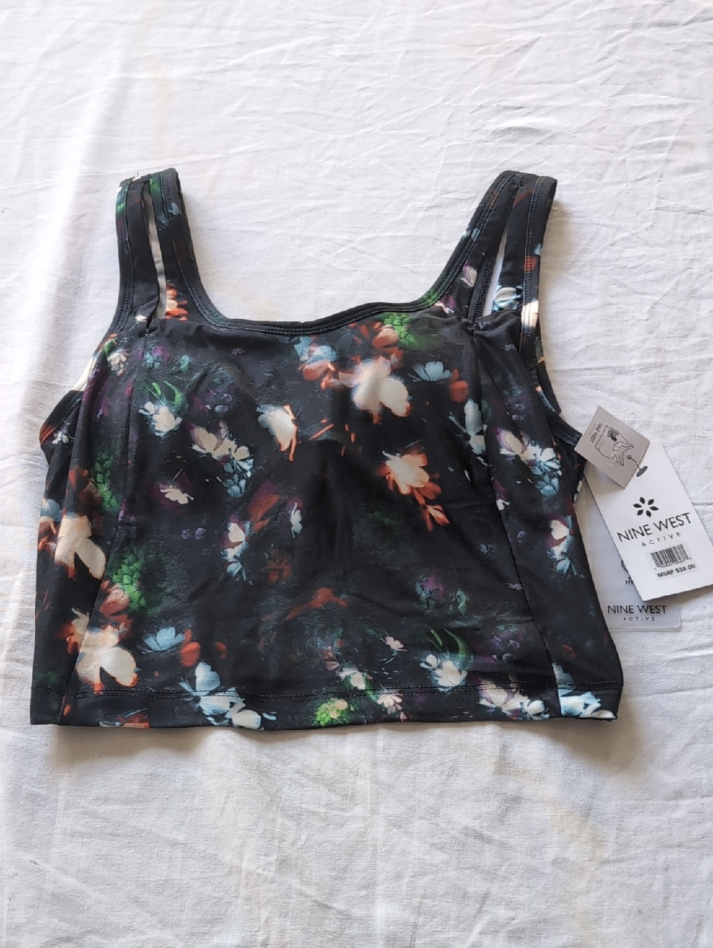 Nine West Black Floral Crop Active Bra Tank Top